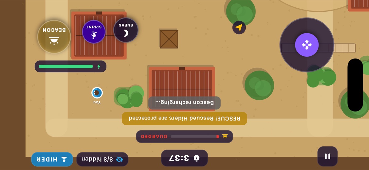 A Hider crouching near houses with the Beacon watch gauge and sneak button
