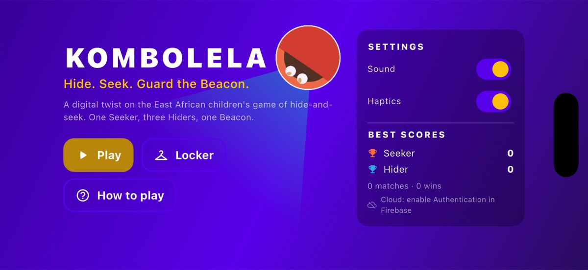 The Kombolela main menu with the mascot beside the title