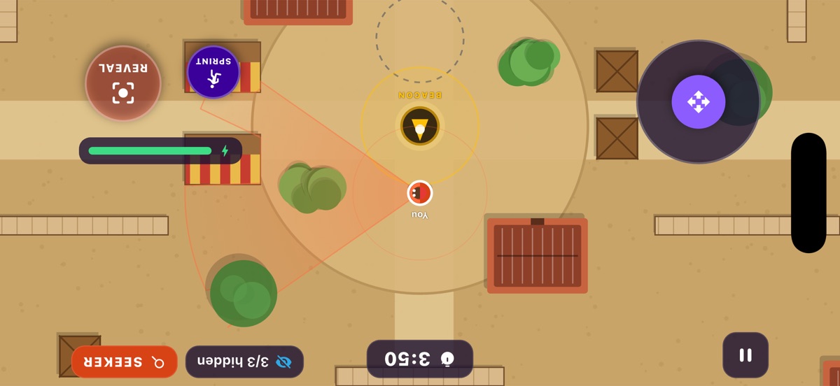 The Seeker standing by the golden Beacon with its orange field of view cone